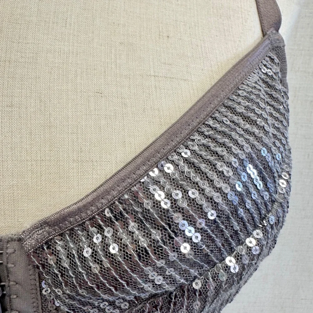 Moda International Sequin Bustier Crop Top Charcoal Grey Corset Bralette Size 12